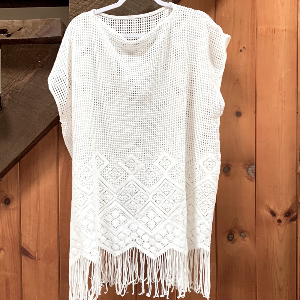 Textured Stitch Fringe cotton cover up / poncho